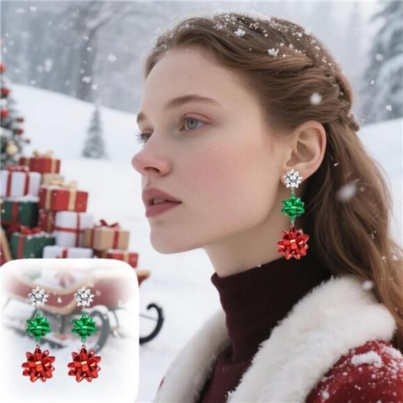 ✨ Christmas Bowknot Earrings | Red Green Silver Holiday Studs - Picture 4 of 6